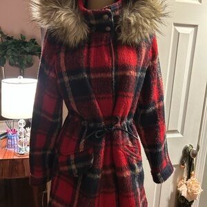 American Eagle Outfitters Red Teddy Jacket with Faux Fur Hood and Cinched Waist